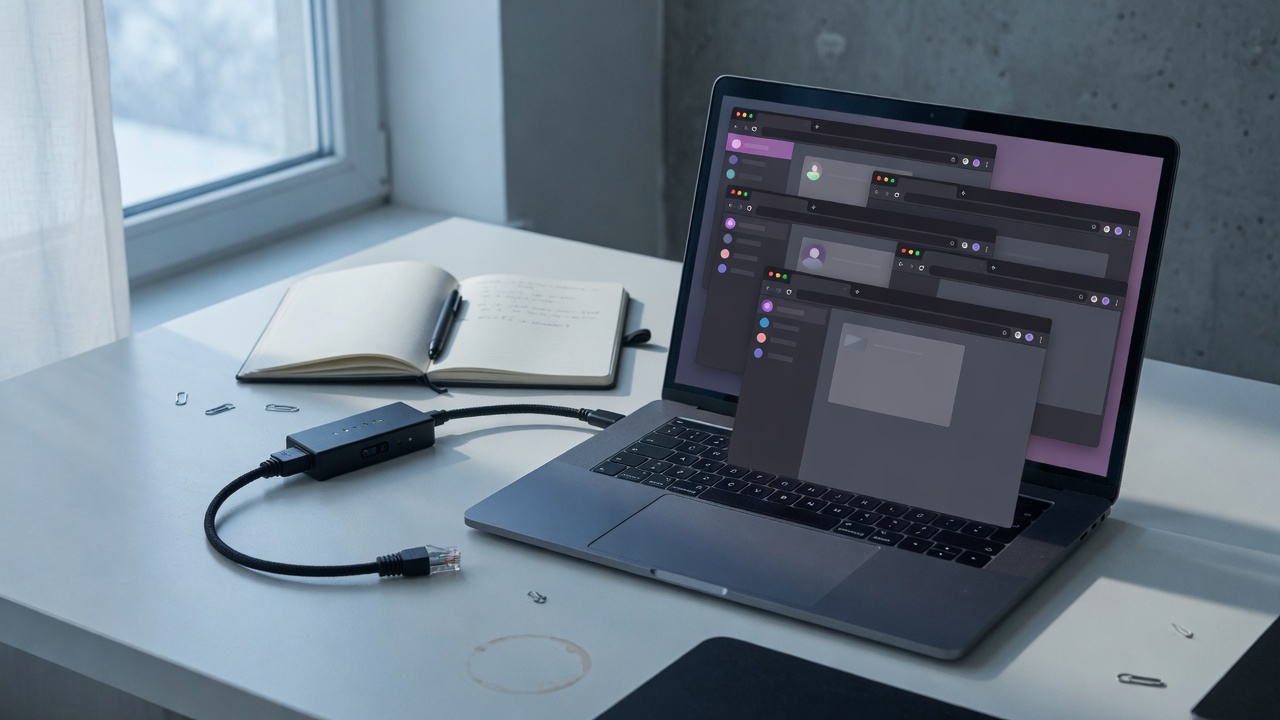 Laptop on a desk with several unlabeled browser profile windows and a USB Ethernet adapter, illustrating separate jobs for VPNs and multi-profile browsers