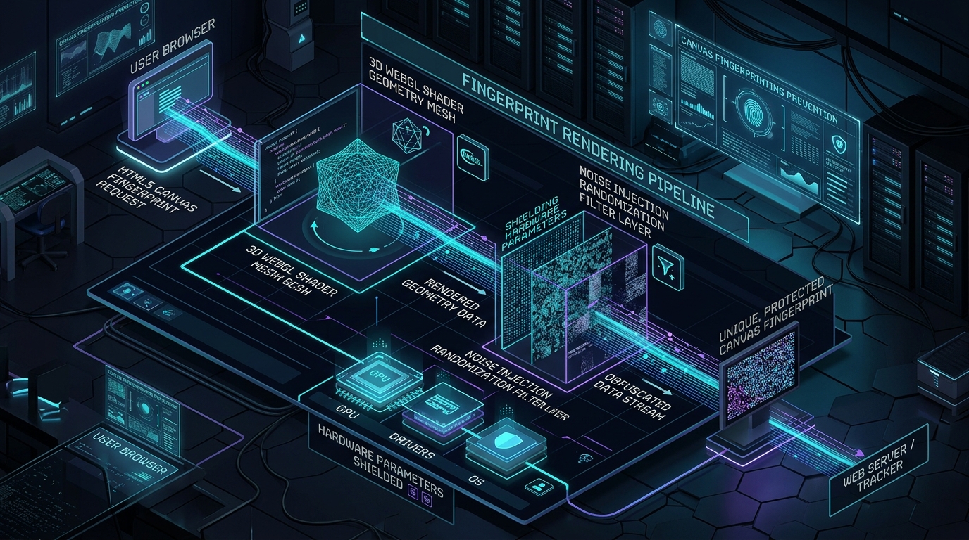 Browser canvas and WebGL fingerprint rendering pipeline with noise randomization filter