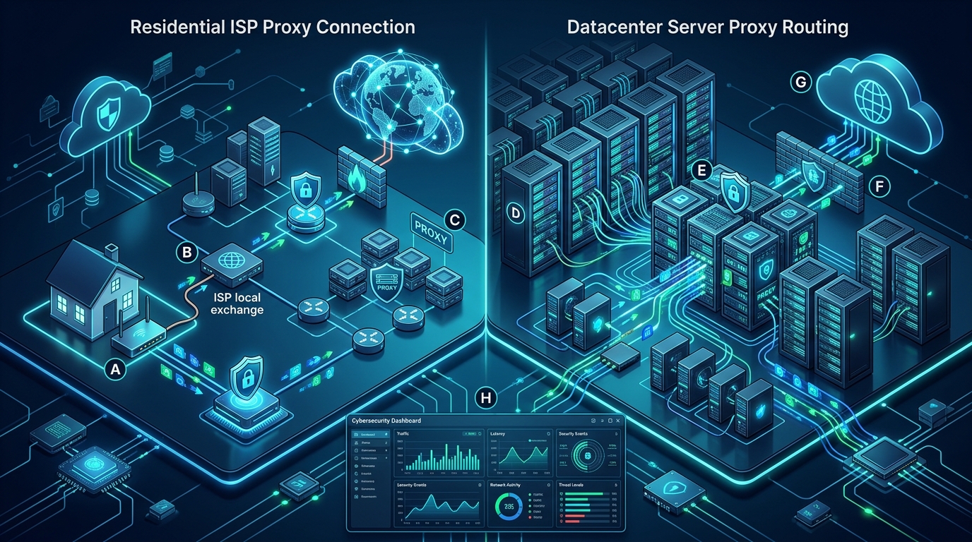 Network topology comparing residential ISP proxy connections with datacenter server rack routing