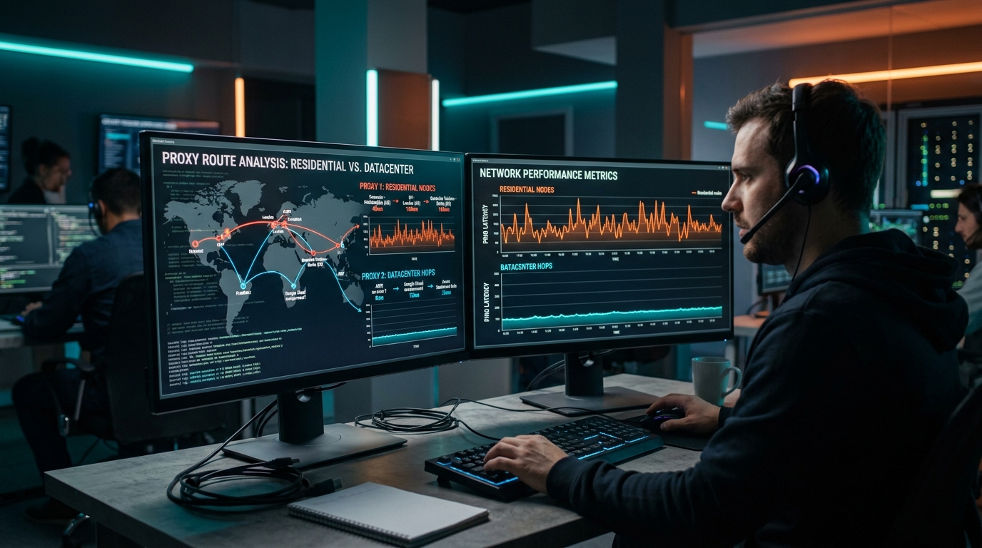 Cybersecurity operations center comparing residential ISP nodes vs datacenter proxies